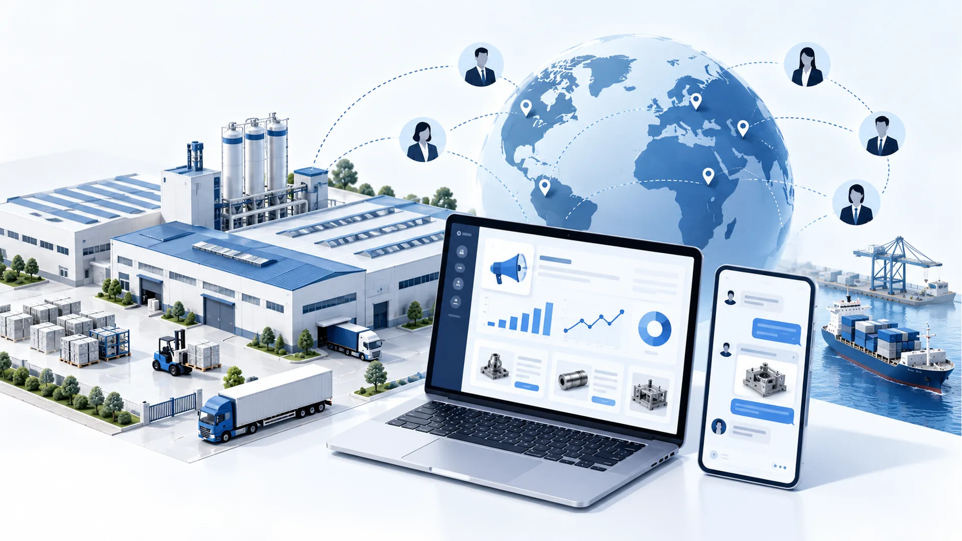 Business illustration connecting a Chinese factory, an advertising dashboard and overseas buyer inquiries