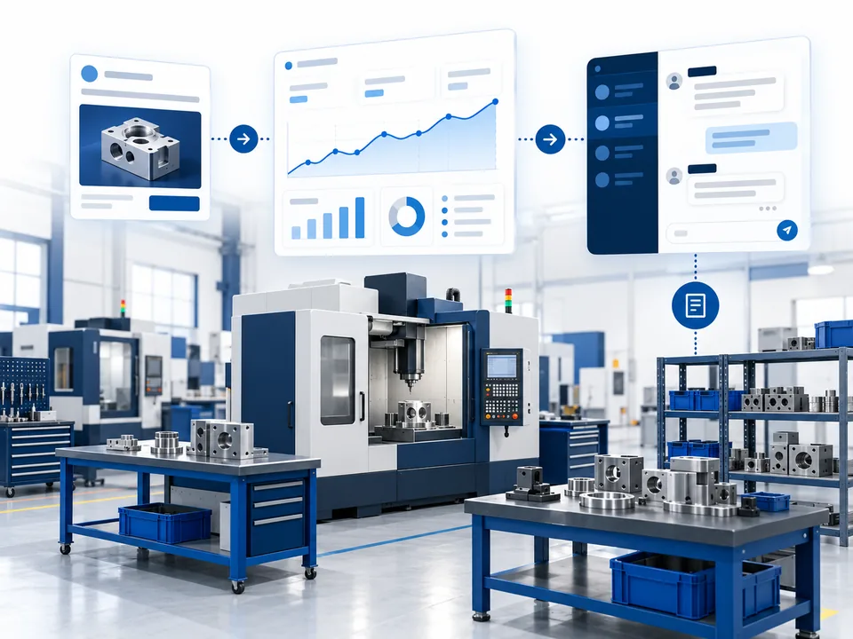 Illustrative industrial workshop, advertising growth dashboard and anonymized inquiry interface