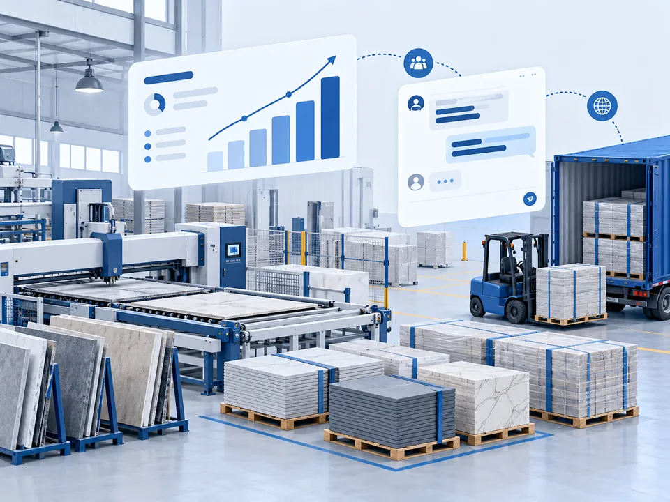 Illustrative building materials workshop, advertising dashboard and anonymized buyer messages