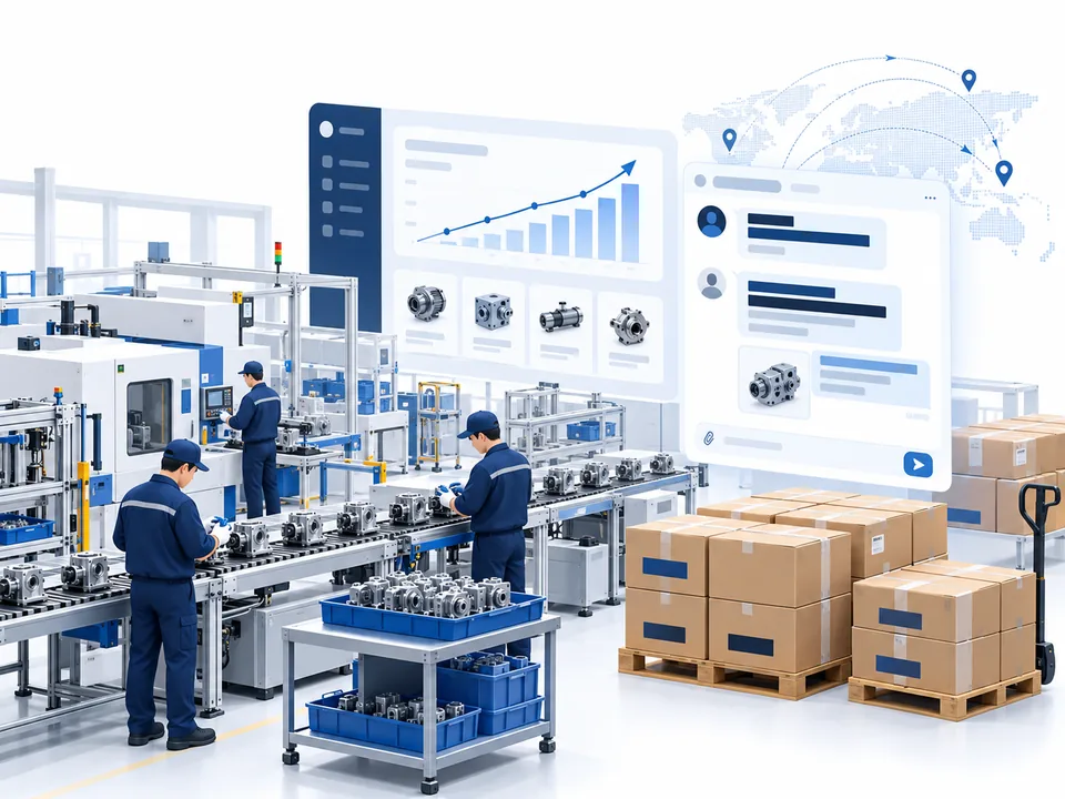 Illustrative OEM production workshop, advertising chart and anonymized sourcing inquiries